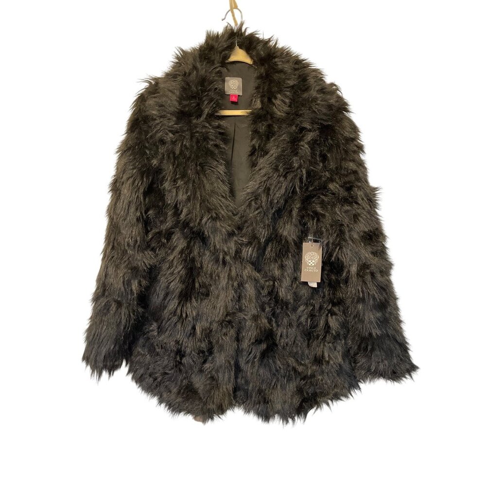 Vince Camuto Black Faux Fur Coat XL Single Button Closure Longline Outerwear